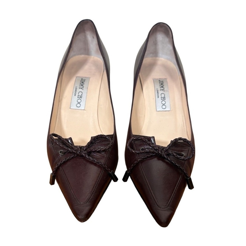 Jimmy Choo Burgundy Leather Pointed Toe Braided Bow Kitten Heel Pumps Size 36